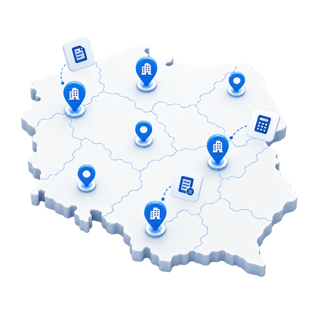 Ilustracja mapy Polski z symbolami biur rozliczeniowych i firm wspierających transport